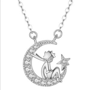 Little Prince Crescent Moon Pendant Necklace Bling Rhinestone Crystal Star 925